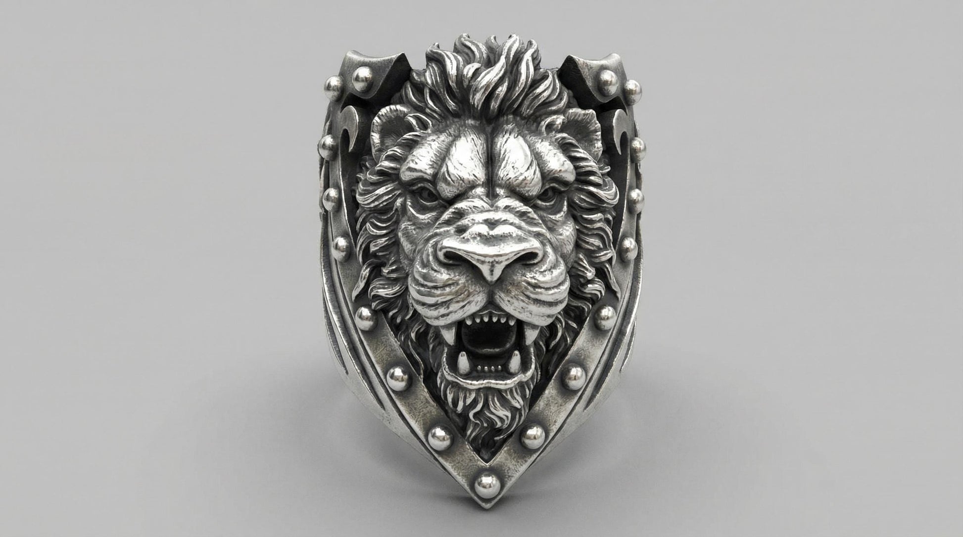 Oxidized Sterling Silver Lion Head Ring, Royal Heraldry Design