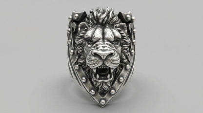 Oxidized Sterling Silver Lion Head Ring, Royal Heraldry Design
