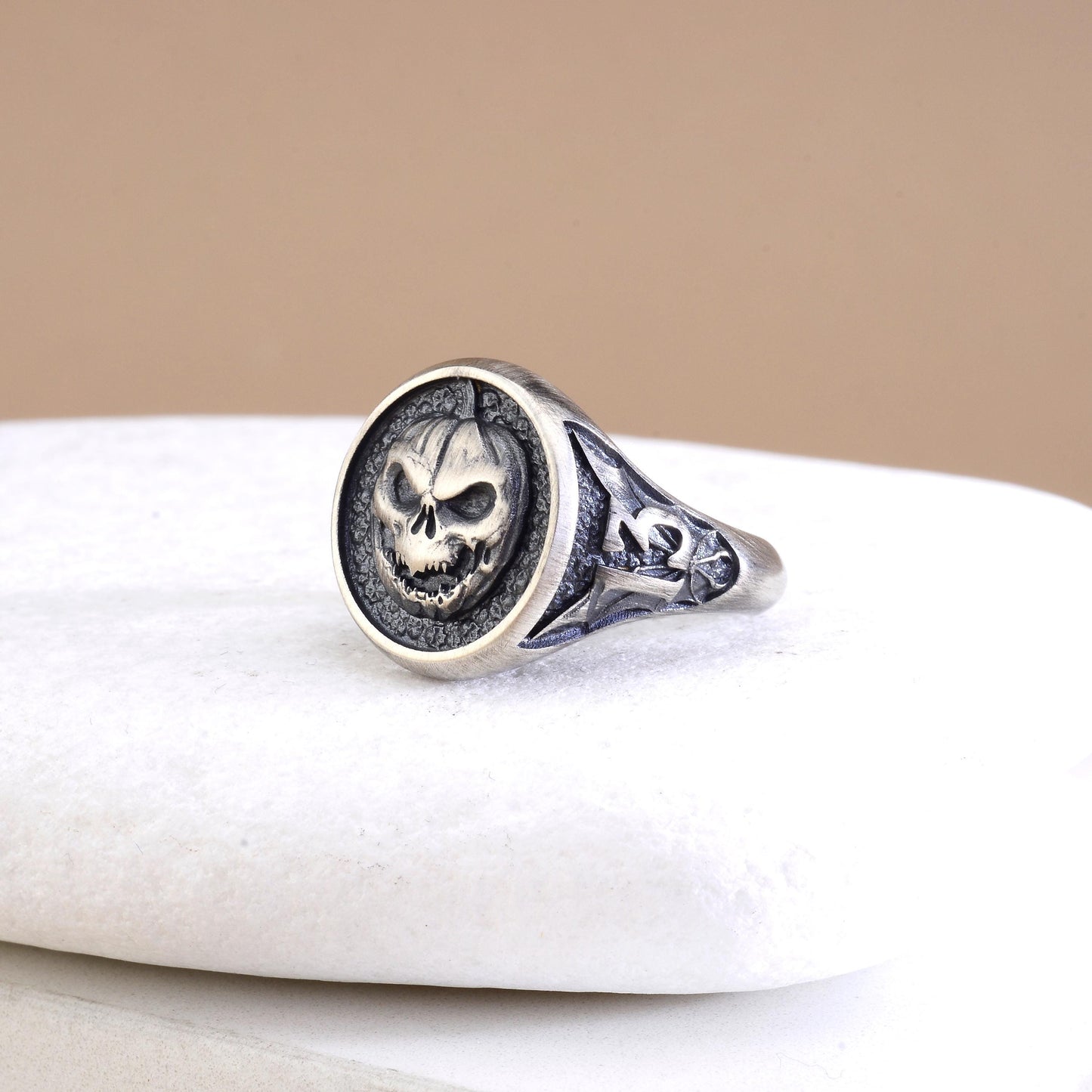 Oxidized Sterling Silver Pumpkin Skull Ring, Halloween Jewelry