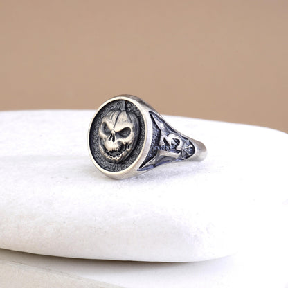 Oxidized Sterling Silver Pumpkin Skull Ring, Halloween Jewelry