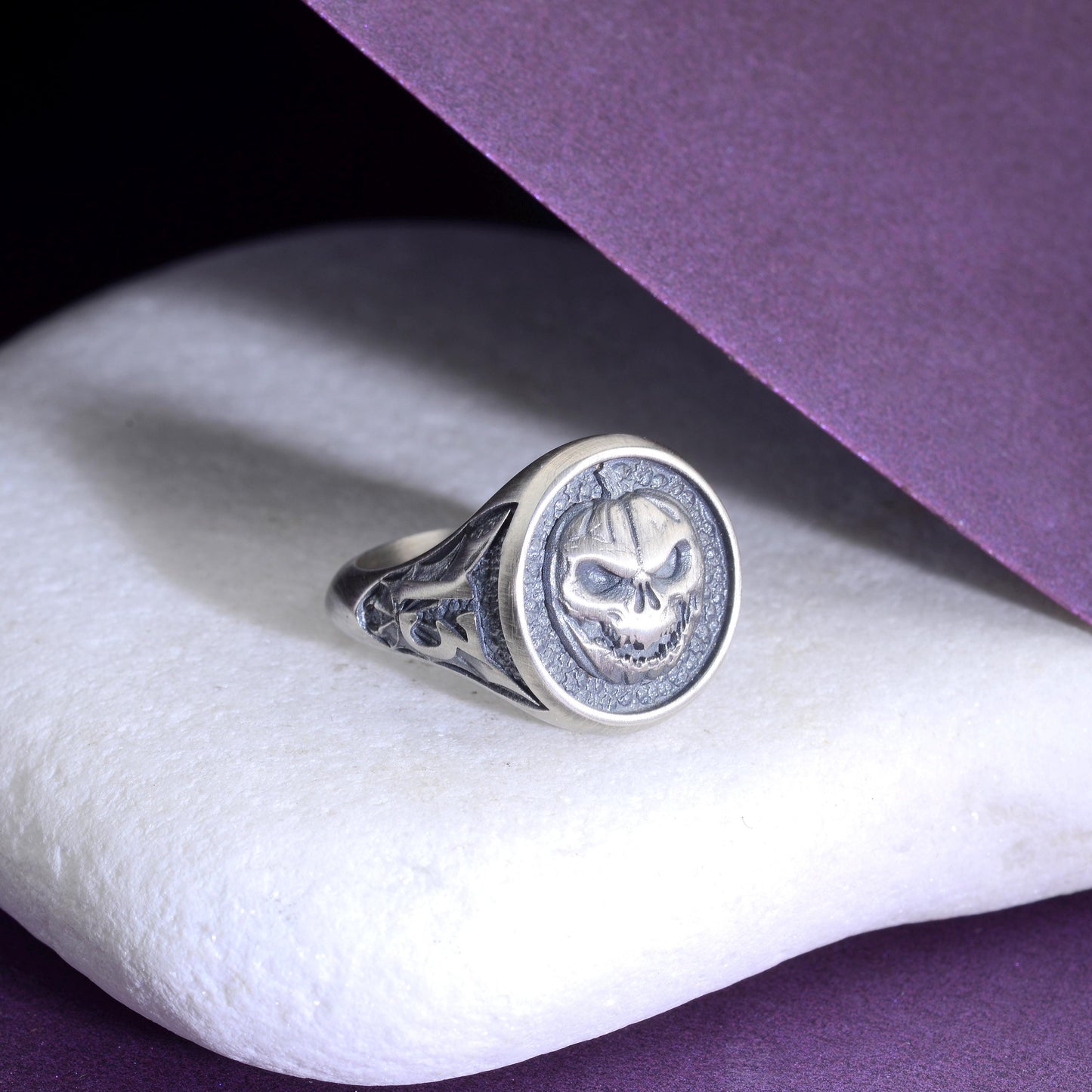 Oxidized Sterling Silver Pumpkin Skull Ring, Halloween Jewelry
