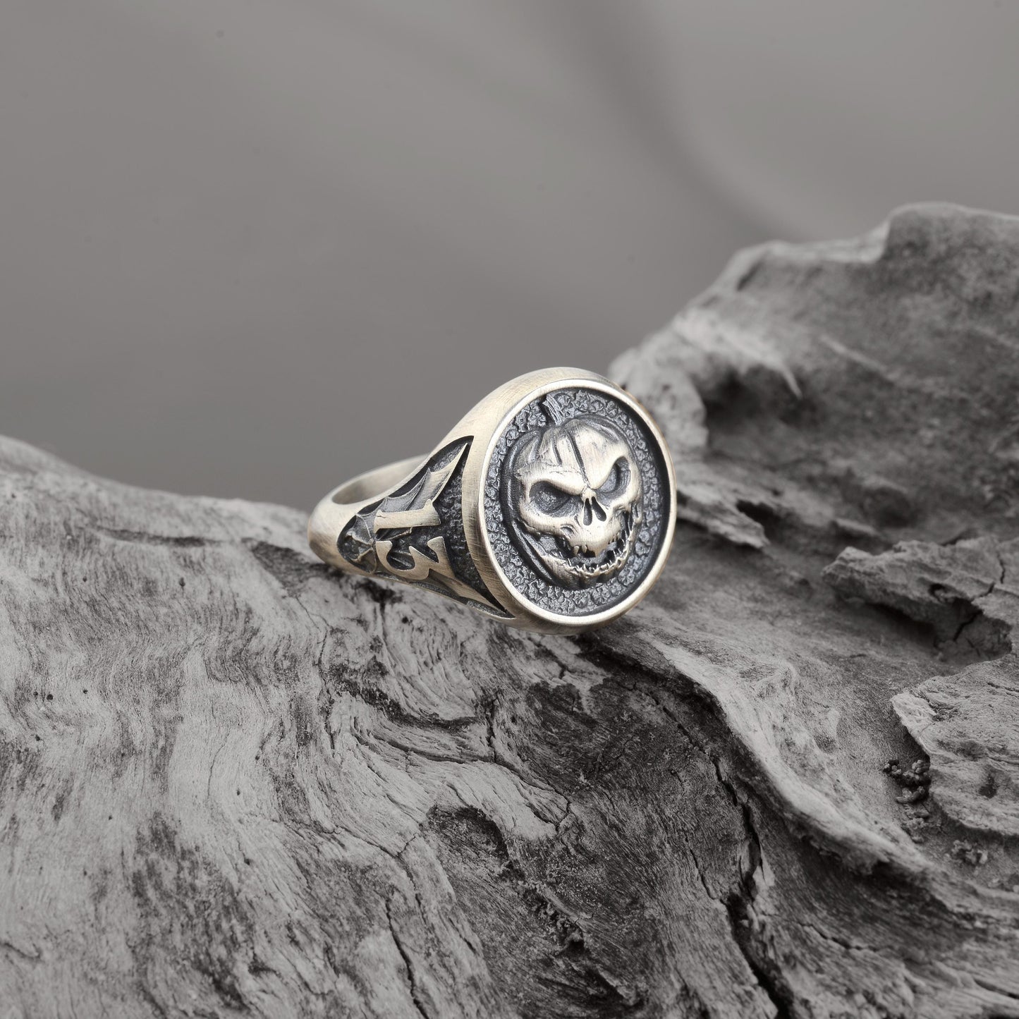 Oxidized Sterling Silver Pumpkin Skull Ring, Halloween Jewelry