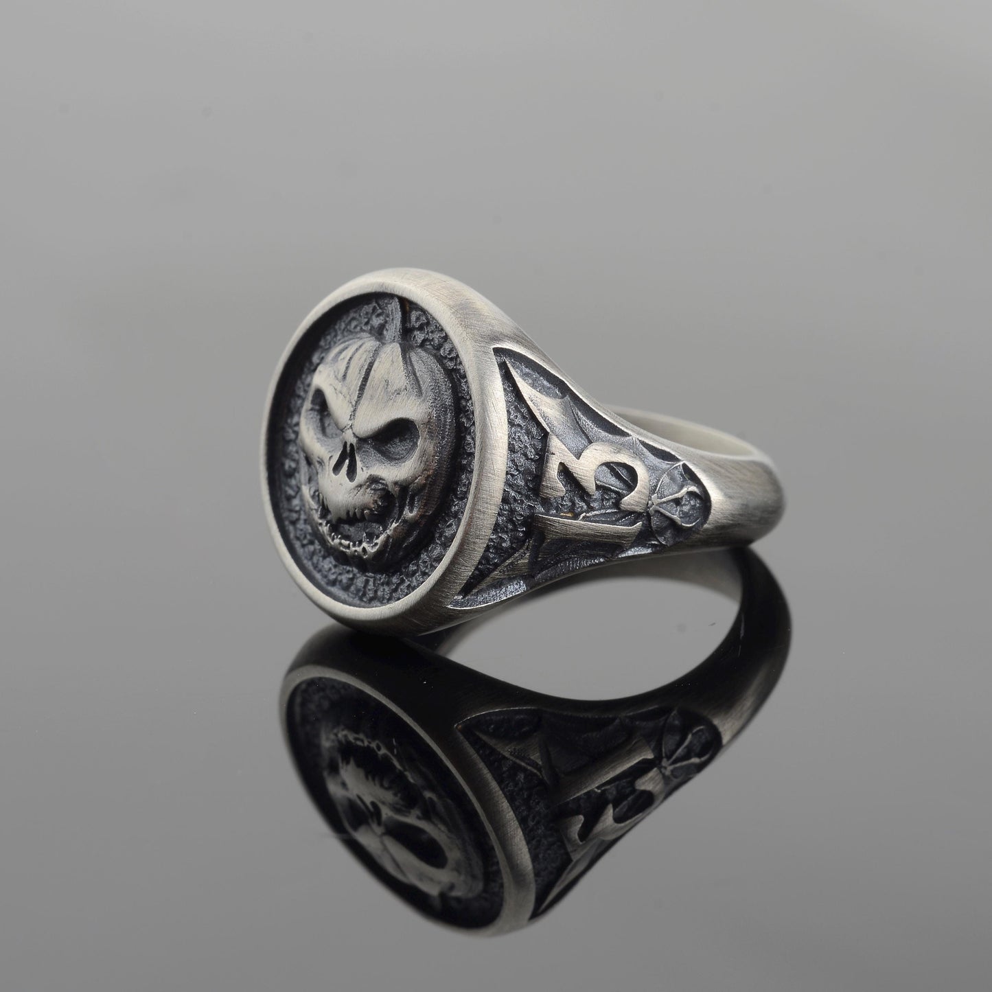 Oxidized Sterling Silver Pumpkin Skull Ring, Halloween Jewelry