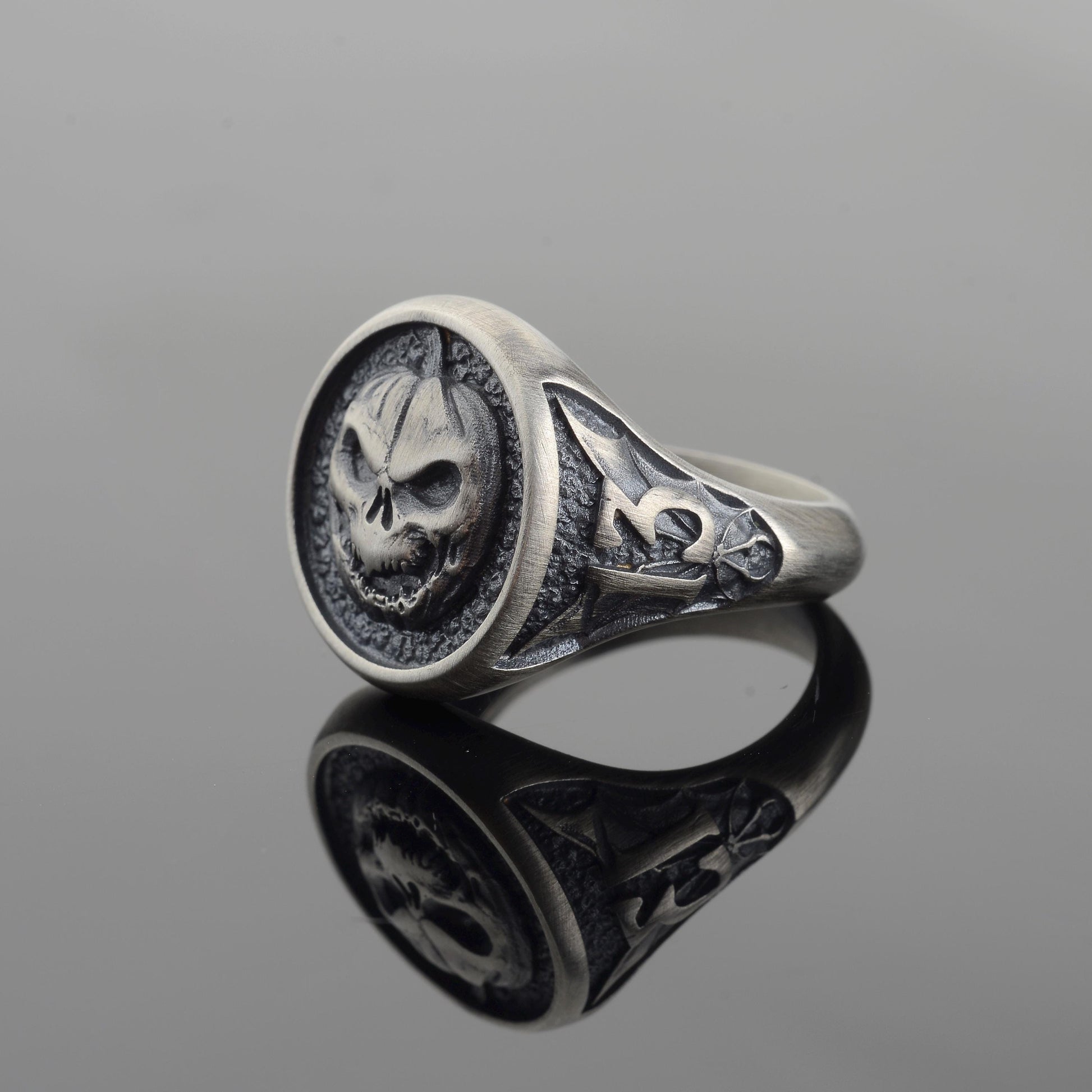Oxidized Sterling Silver Pumpkin Skull Ring, Halloween Jewelry