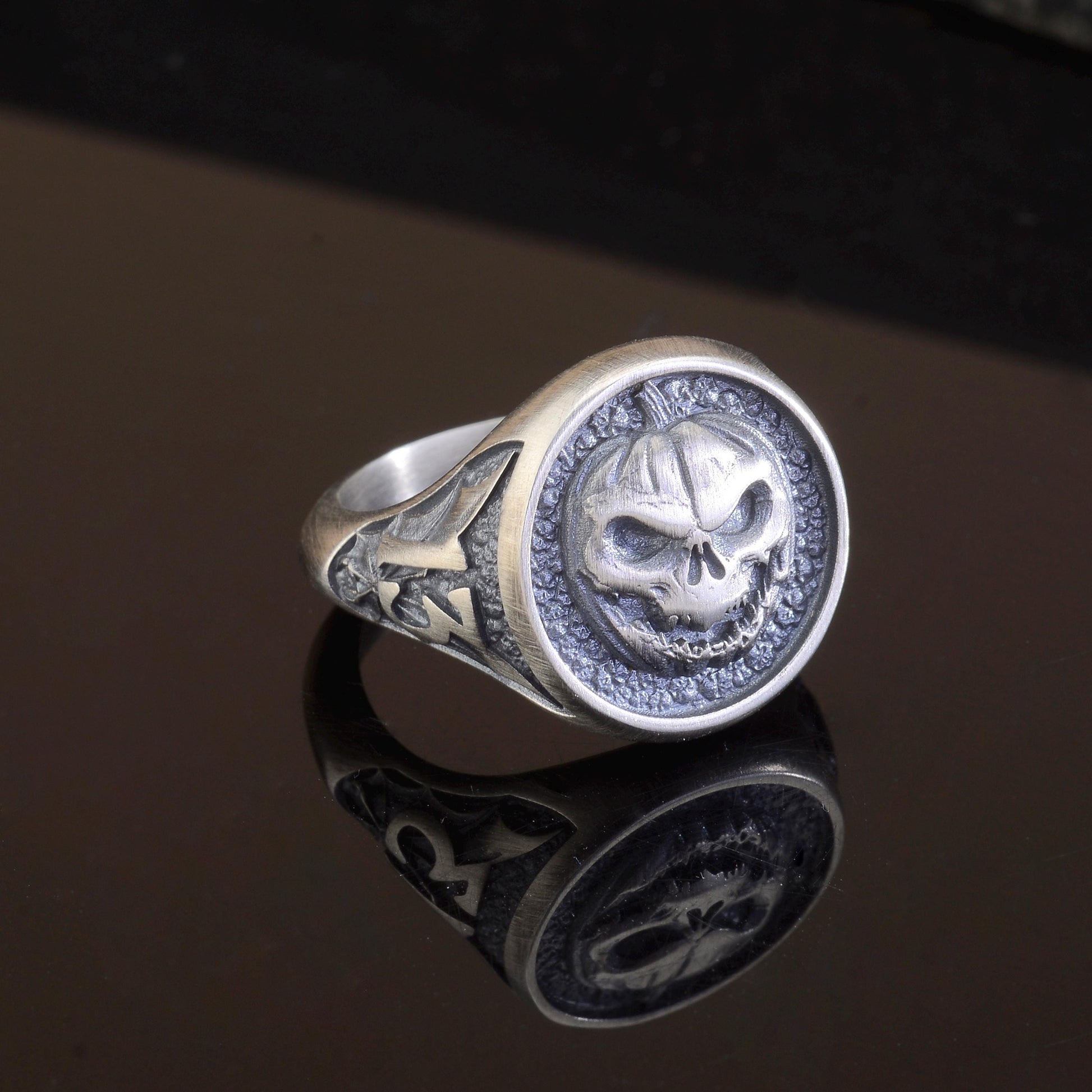 Oxidized Sterling Silver Pumpkin Skull Ring, Halloween Jewelry