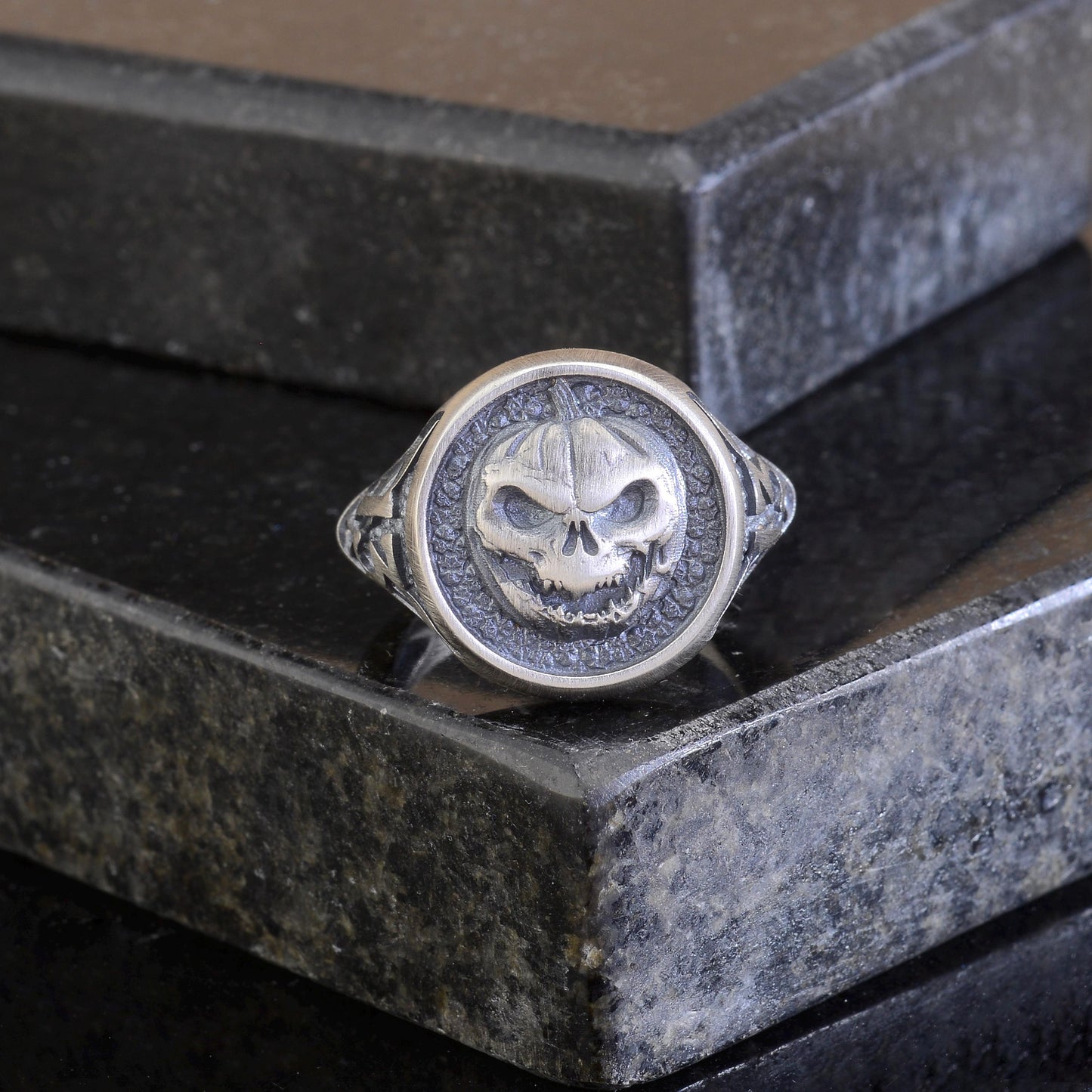 Oxidized Sterling Silver Pumpkin Skull Ring, Halloween Jewelry