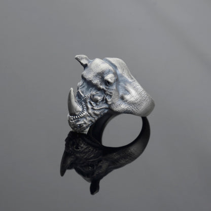 Oxidized Sterling Silver Rhino Signet Ring, Animal Talisman