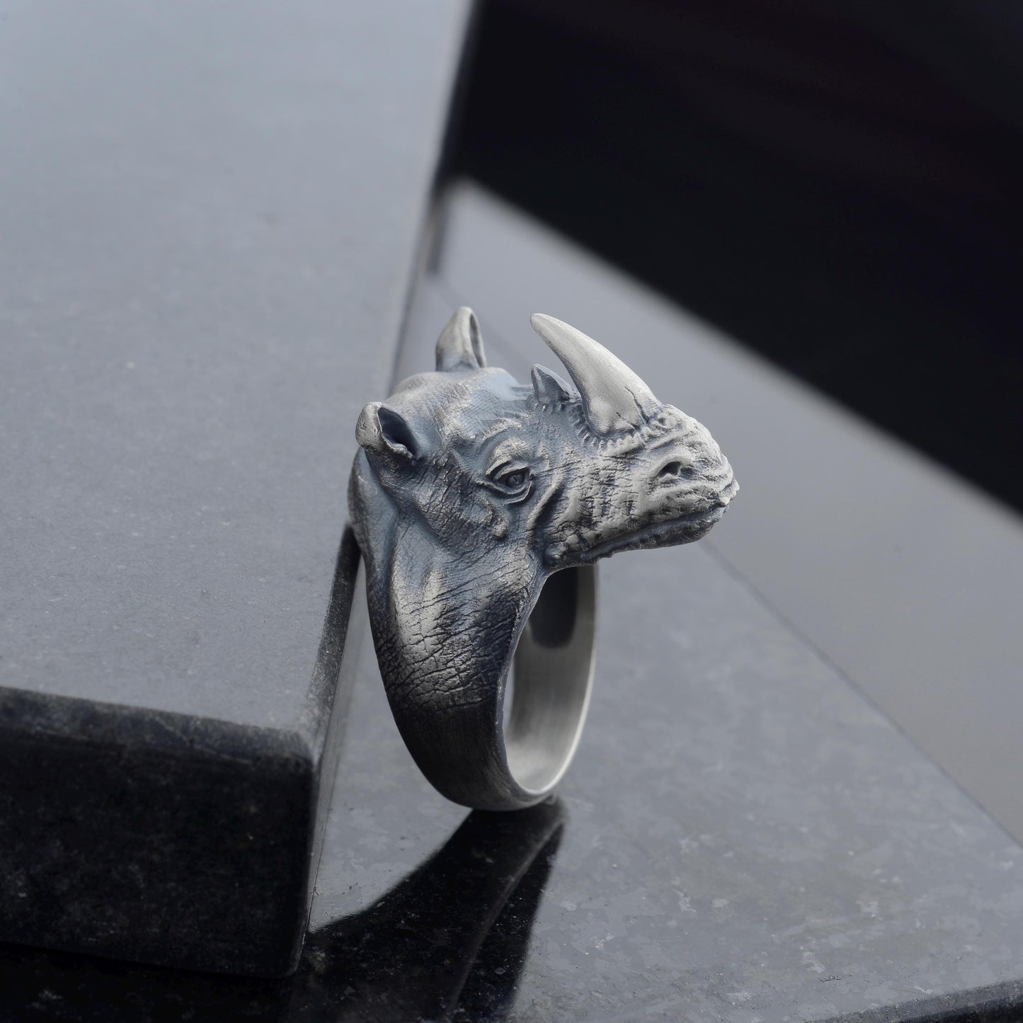 Oxidized Sterling Silver Rhino Signet Ring, Animal Talisman