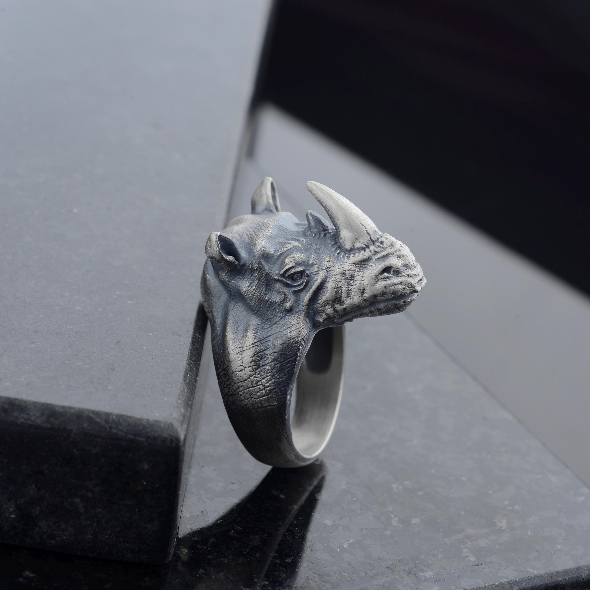 Oxidized Sterling Silver Rhino Signet Ring, Animal Talisman