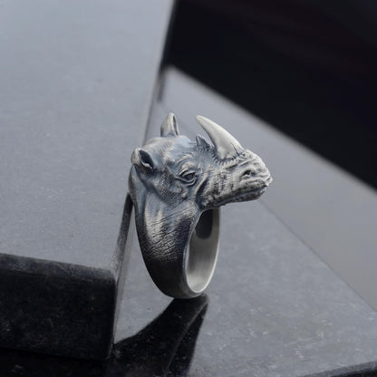 Oxidized Sterling Silver Rhino Signet Ring, Animal Talisman