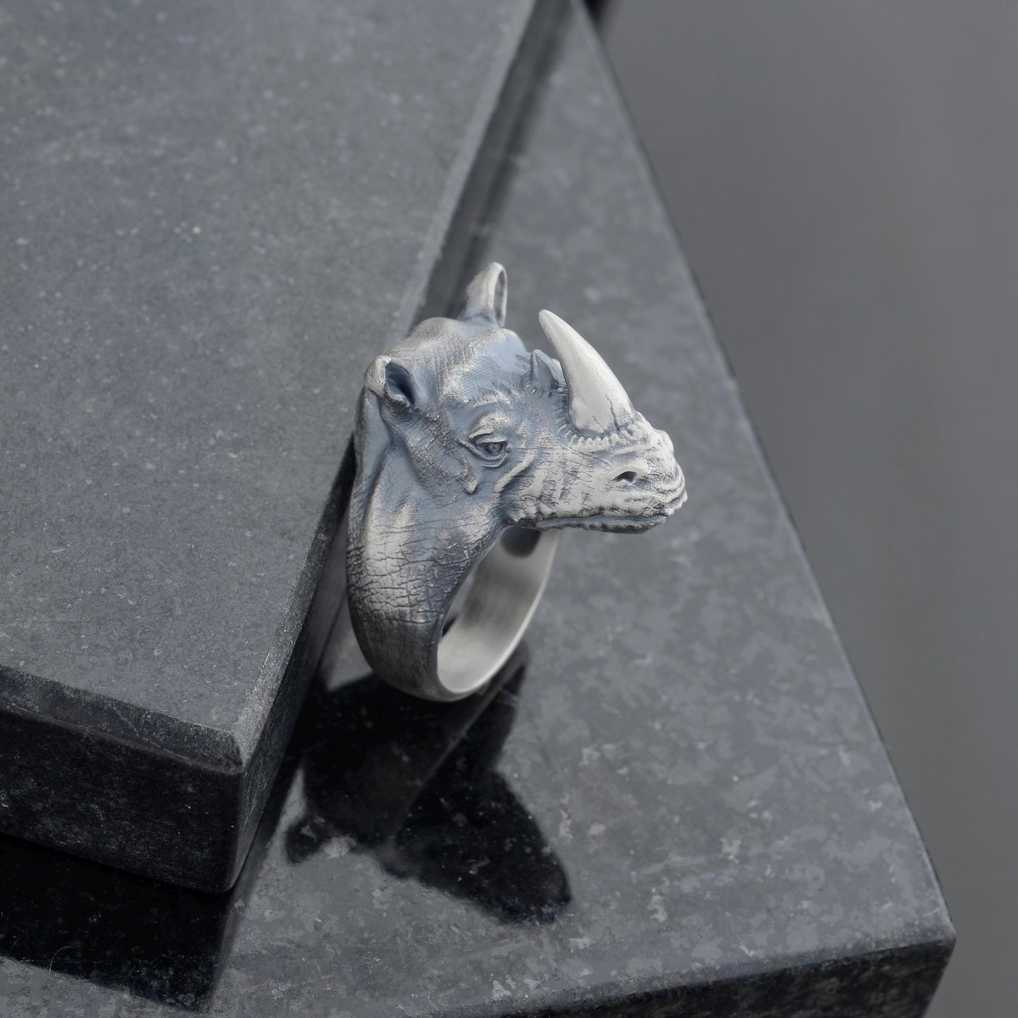 Oxidized Sterling Silver Rhino Signet Ring, Animal Talisman
