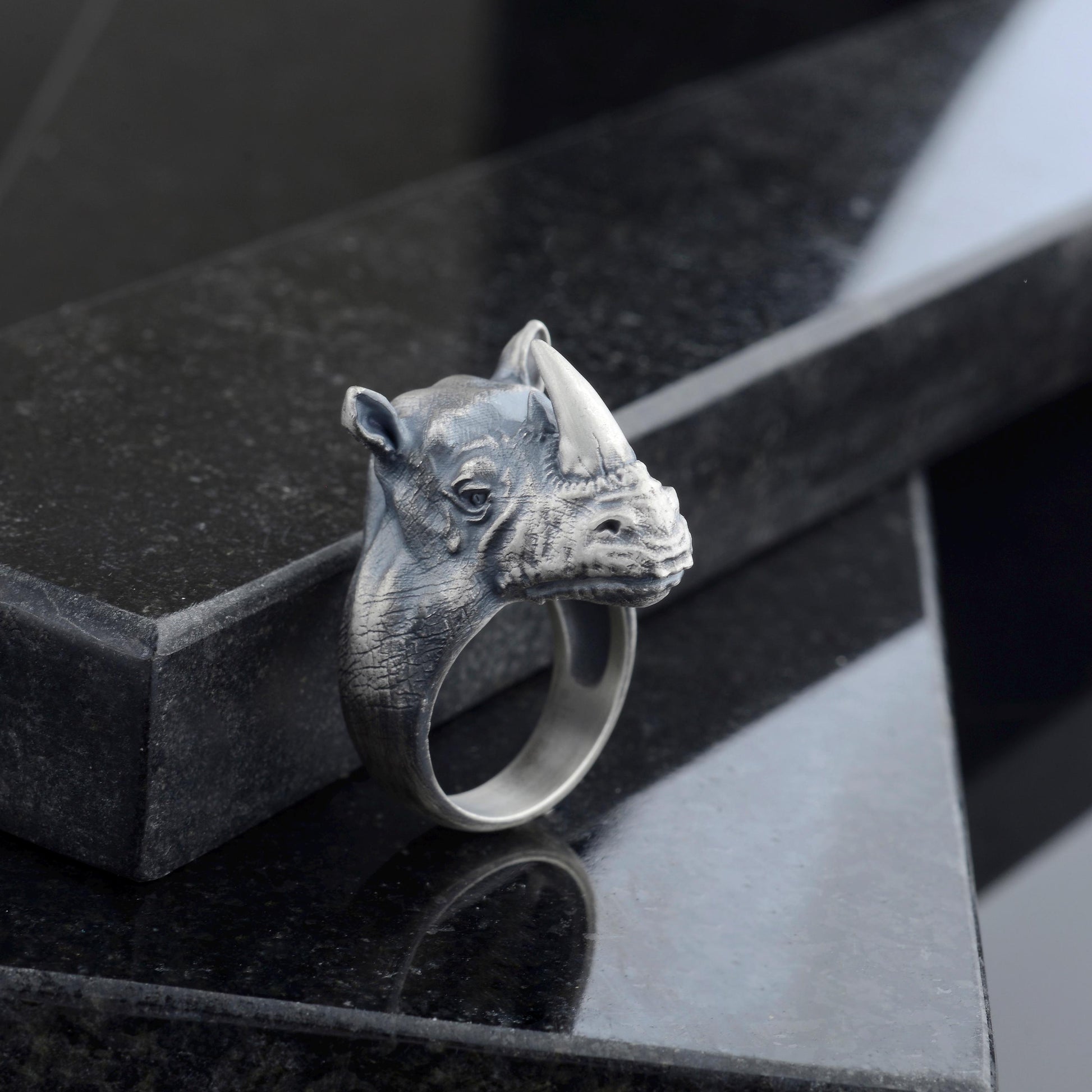 Oxidized Sterling Silver Rhino Signet Ring, Animal Talisman