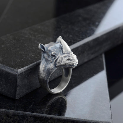 Oxidized Sterling Silver Rhino Signet Ring, Animal Talisman