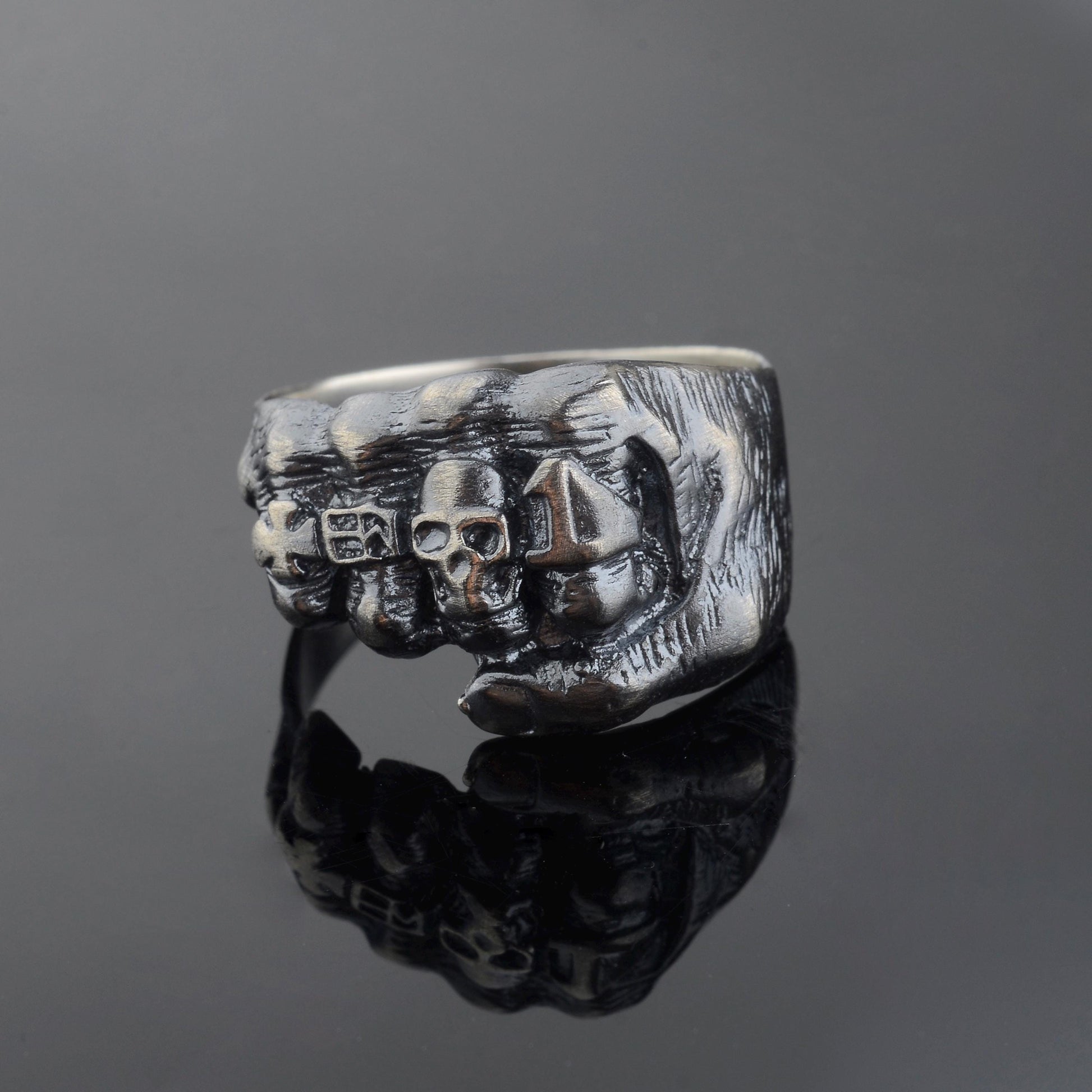 Oxidized Sterling Silver Skeleton Fist Ring: Biker Rocker Jewelry