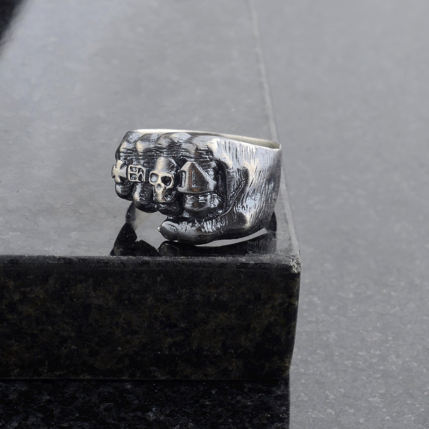 Oxidized Sterling Silver Skeleton Fist Ring: Biker Rocker Jewelry