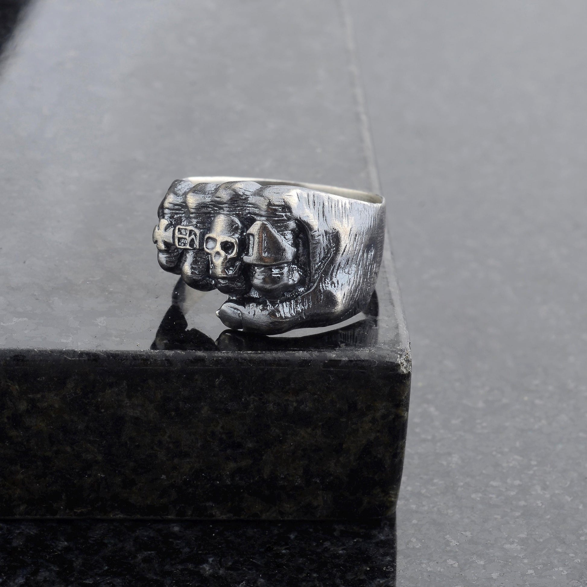 Oxidized Sterling Silver Skeleton Fist Ring: Biker Rocker Jewelry