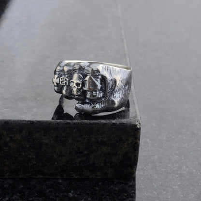 Oxidized Sterling Silver Skeleton Fist Ring: Biker Rocker Jewelry