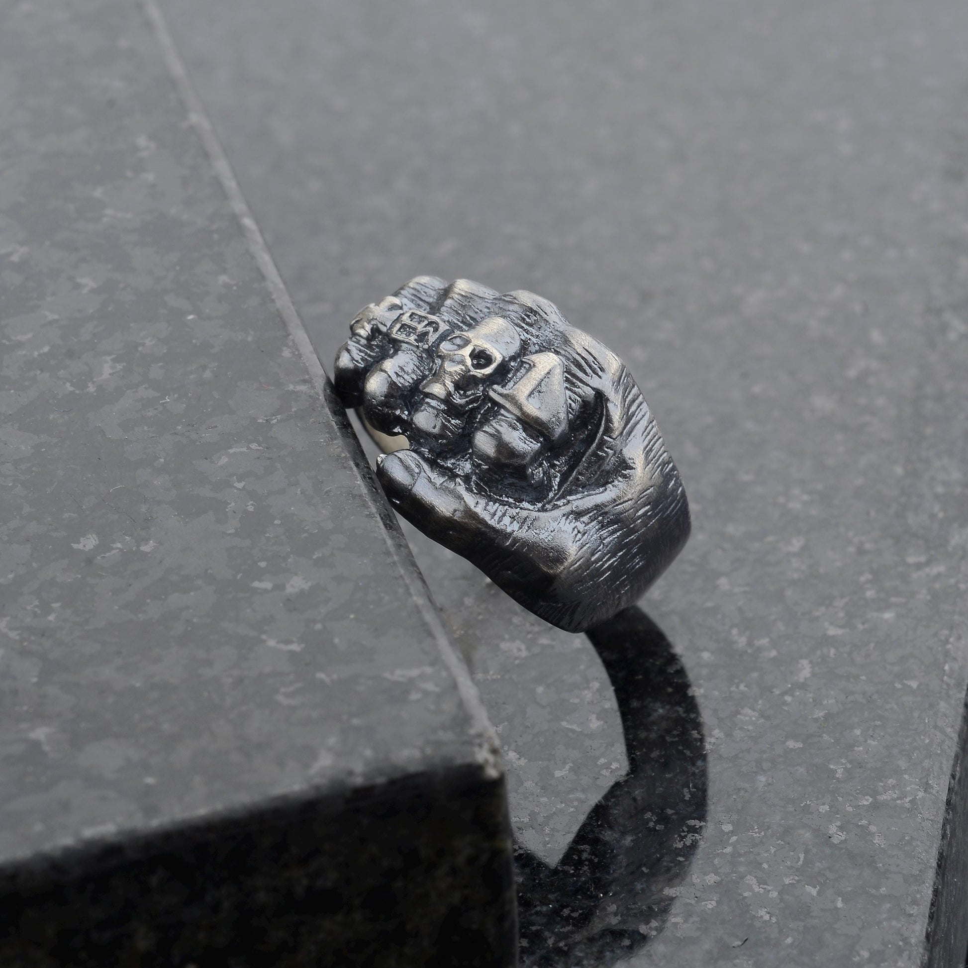 Oxidized Sterling Silver Skeleton Fist Ring: Biker Rocker Jewelry