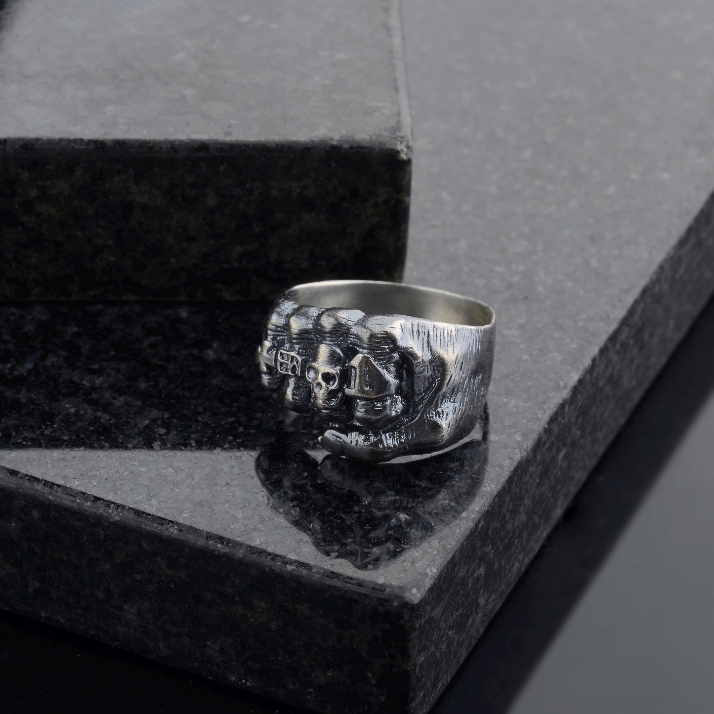 Oxidized Sterling Silver Skeleton Fist Ring: Biker Rocker Jewelry