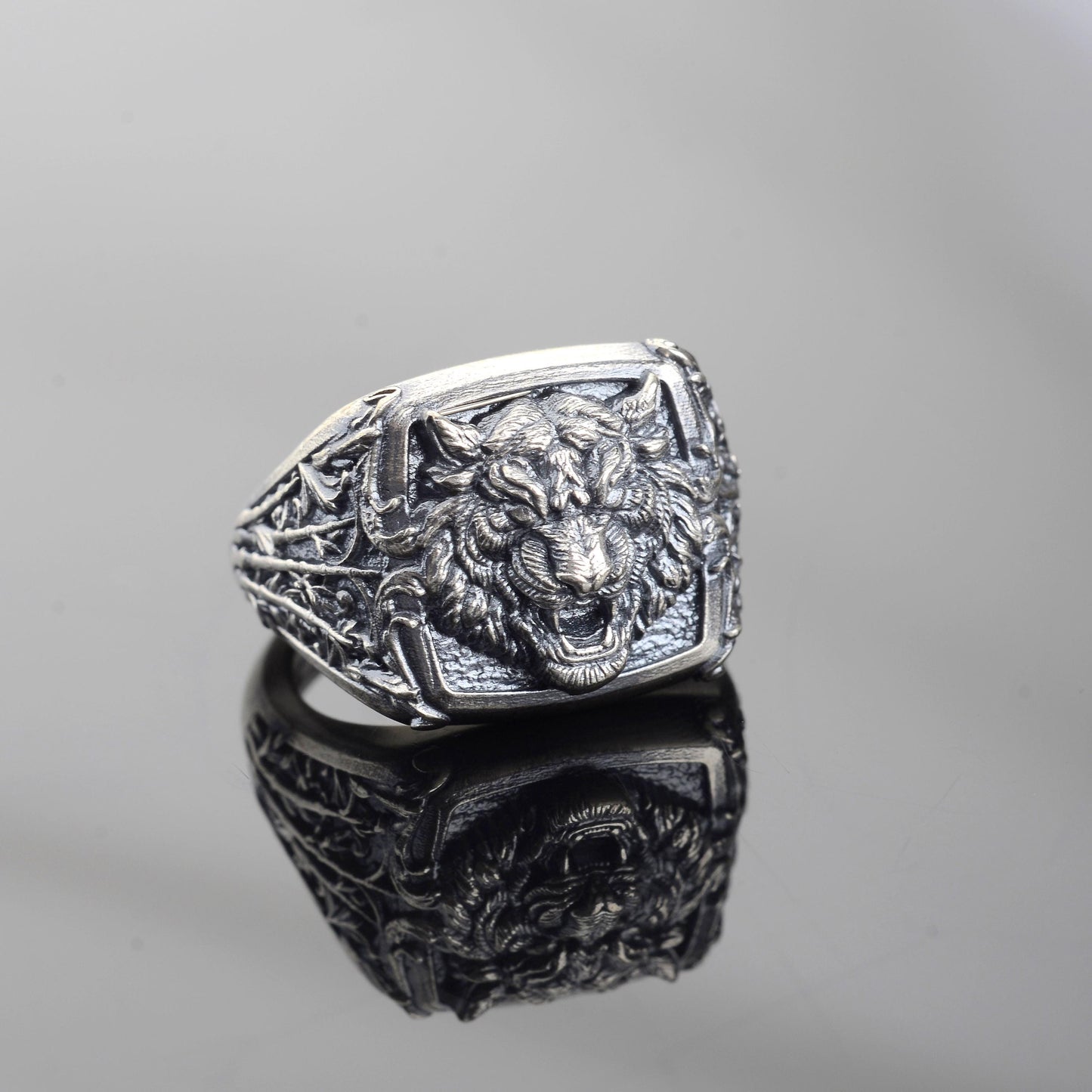 Oxidized Sterling Silver Tiger Signet Ring, Handmade Animal Jewelry