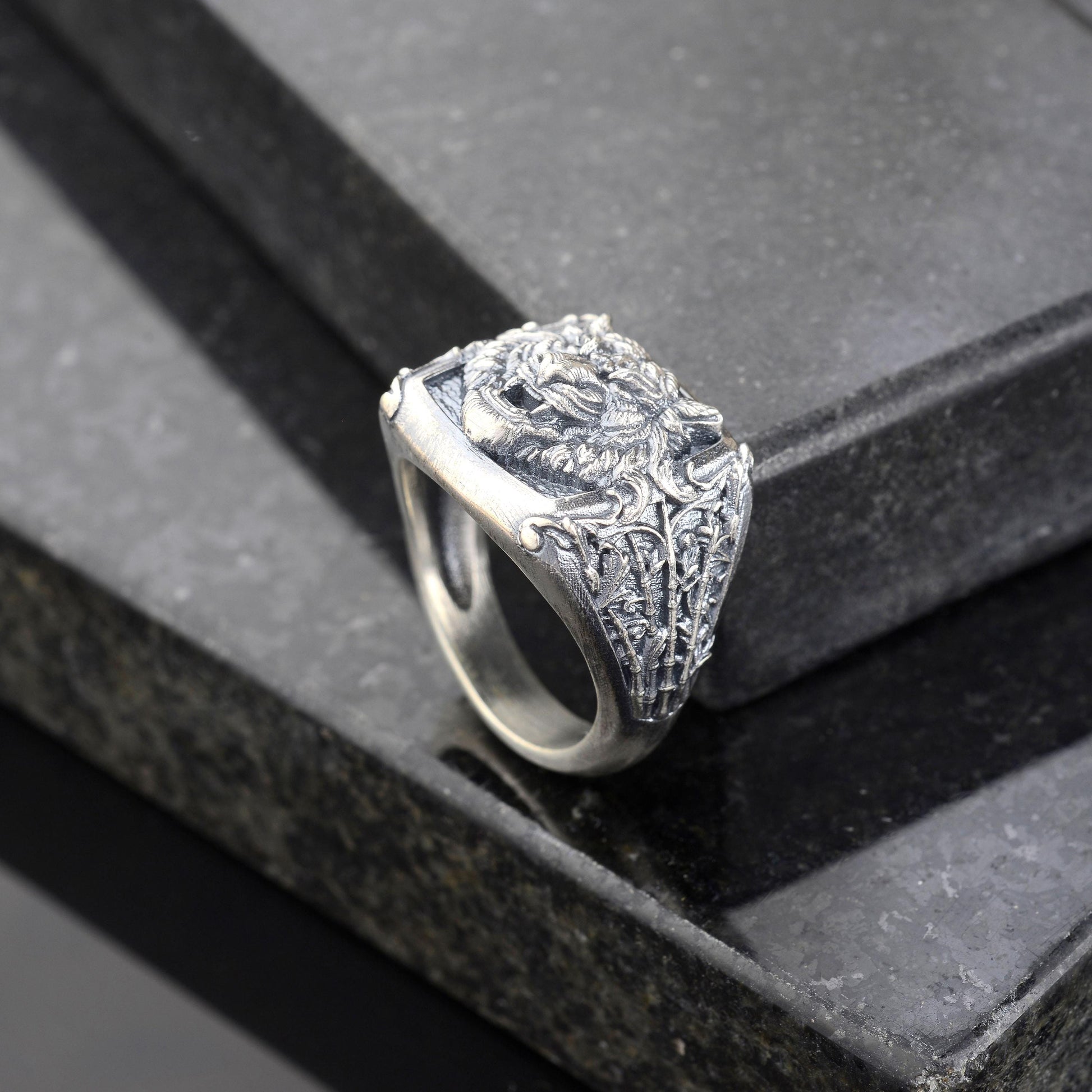 Oxidized Sterling Silver Tiger Signet Ring, Handmade Animal Jewelry