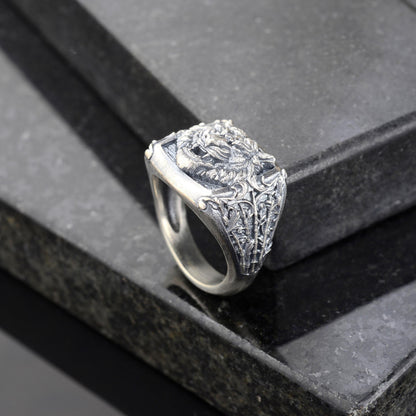 Oxidized Sterling Silver Tiger Signet Ring, Handmade Animal Jewelry