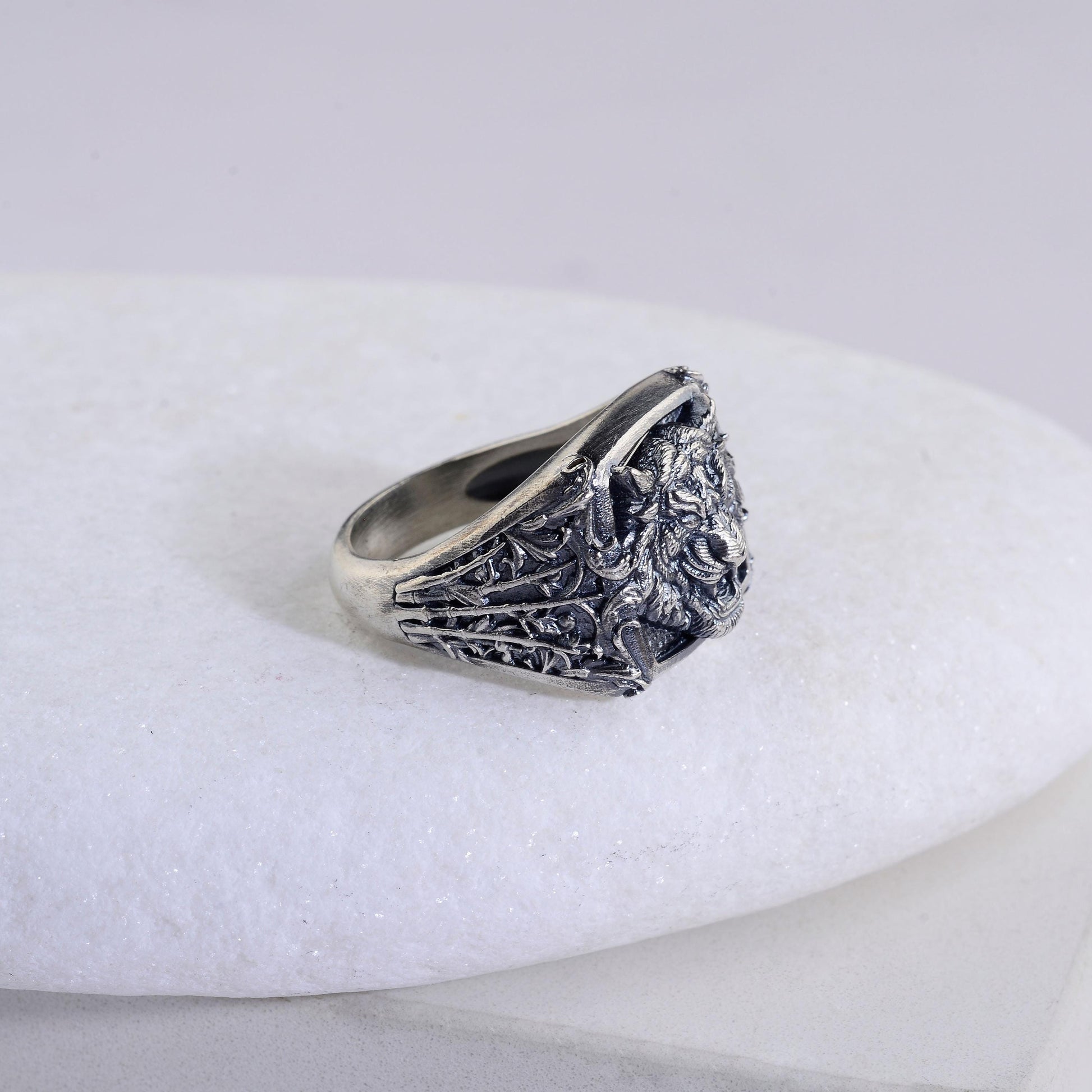 Oxidized Sterling Silver Tiger Signet Ring, Handmade Animal Jewelry