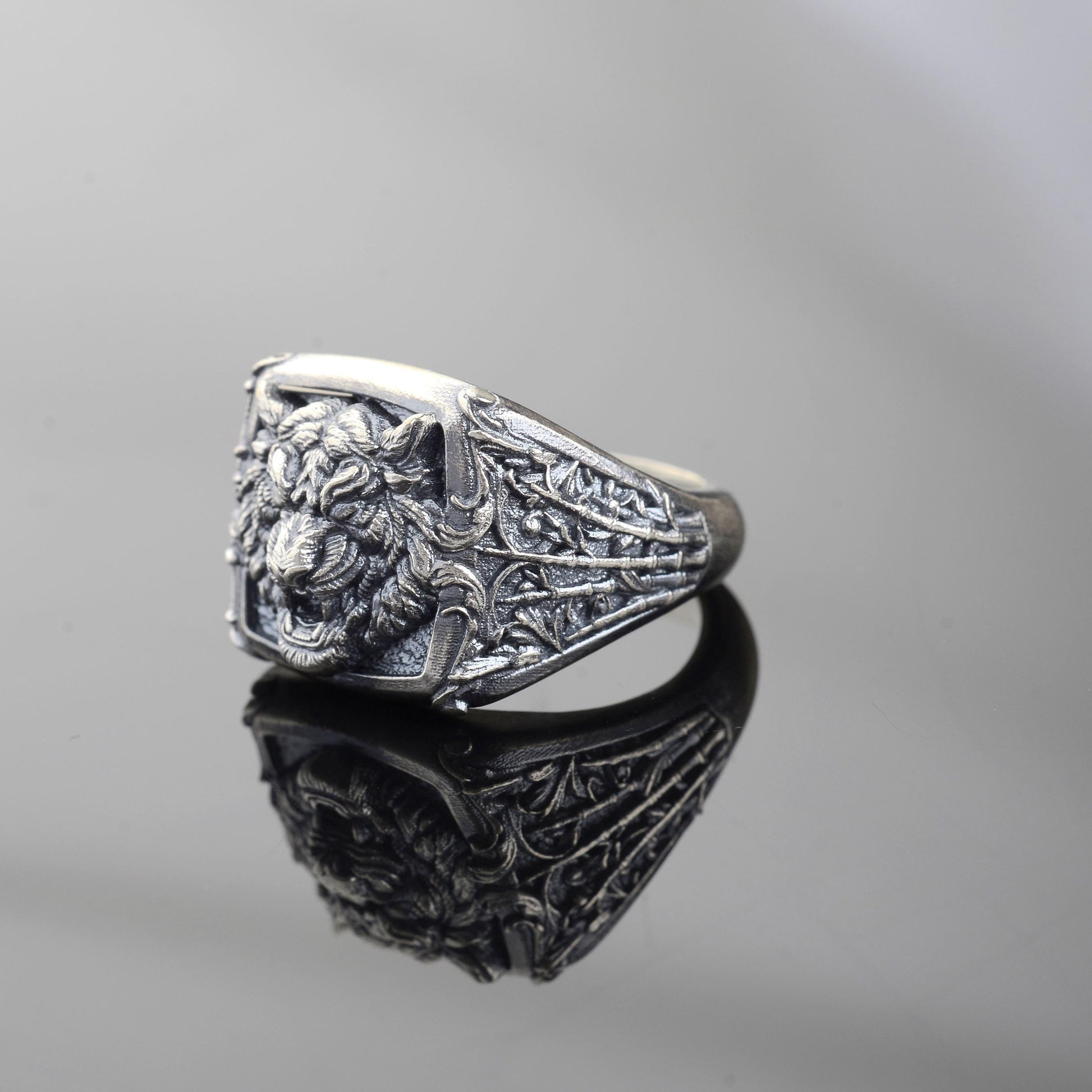 Oxidized Sterling Silver Tiger Signet Ring, Handmade Animal Jewelry