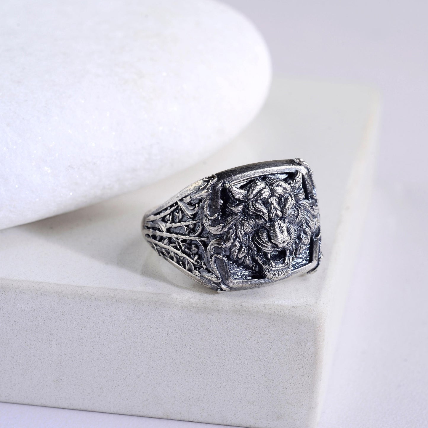 Oxidized Sterling Silver Tiger Signet Ring, Handmade Animal Jewelry