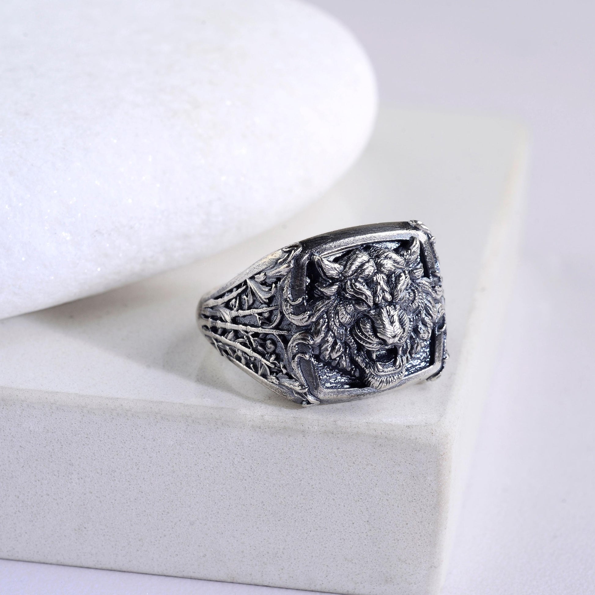 Oxidized Sterling Silver Tiger Signet Ring, Handmade Animal Jewelry