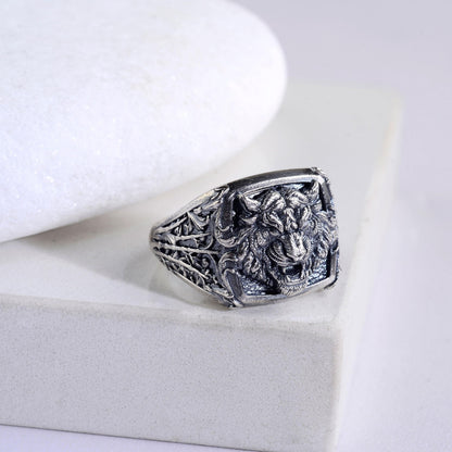 Oxidized Sterling Silver Tiger Signet Ring, Handmade Animal Jewelry
