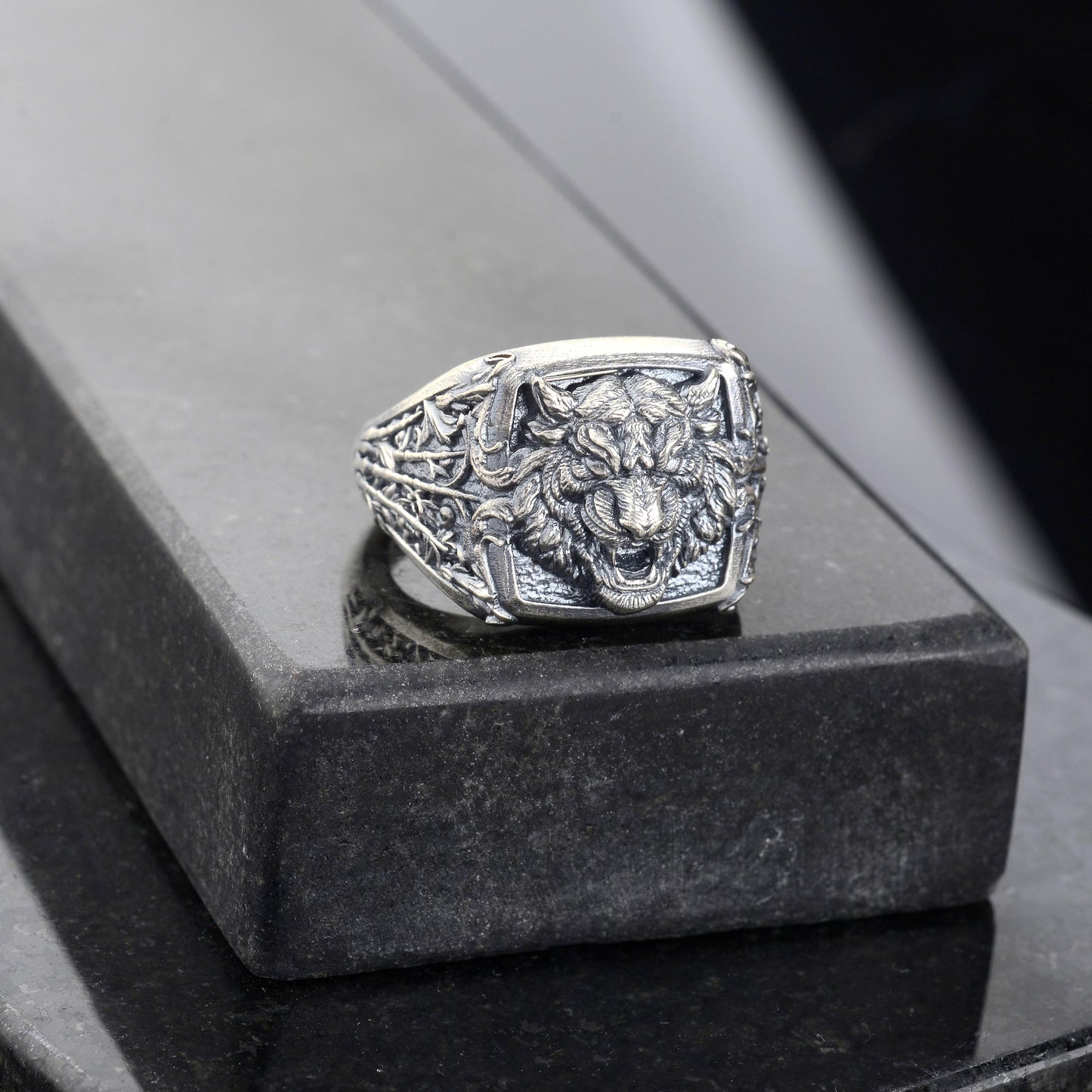 Oxidized Sterling Silver Tiger Signet Ring, Handmade Animal Jewelry