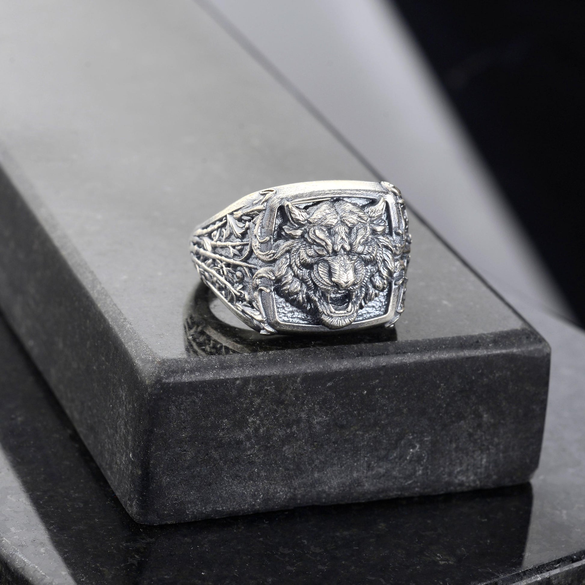 Oxidized Sterling Silver Tiger Signet Ring, Handmade Animal Jewelry