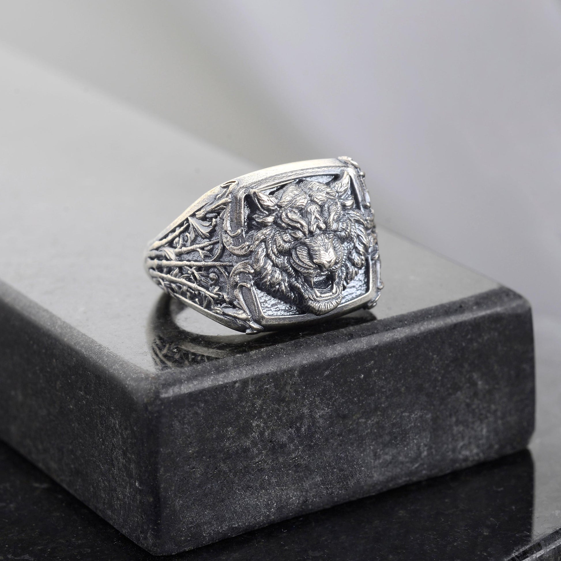 Oxidized Sterling Silver Tiger Signet Ring, Handmade Animal Jewelry