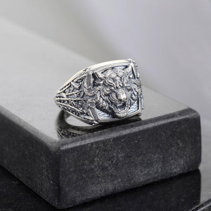 Oxidized Sterling Silver Tiger Signet Ring, Handmade Animal Jewelry