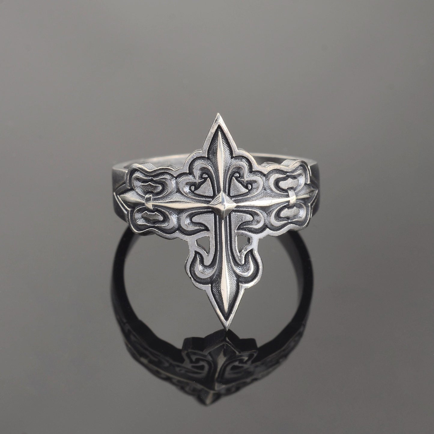 Silver Cross Signet Ring, Crusader Knight Design, Religious Jewelry