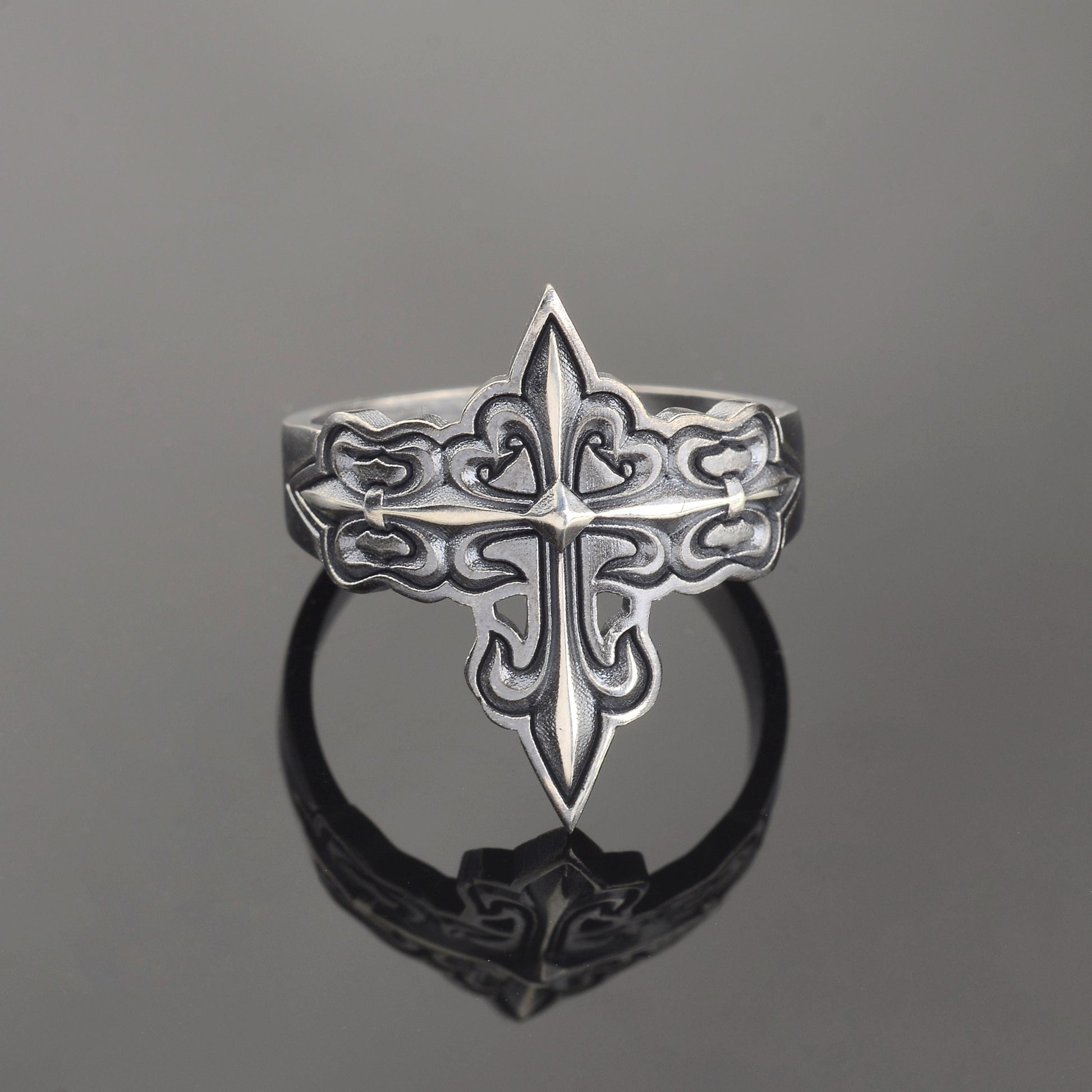 Silver Cross Signet Ring, Crusader Knight Design, Religious Jewelry