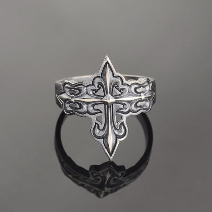 Silver Cross Signet Ring, Crusader Knight Design, Religious Jewelry