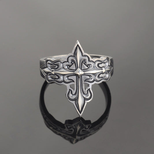 Silver Cross Signet Ring, Crusader Knight Design, Religious Jewelry