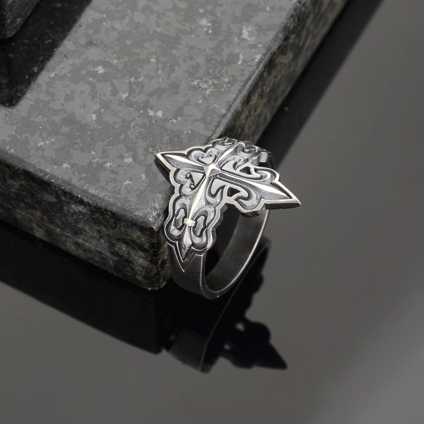 Silver Cross Signet Ring, Crusader Knight Design, Religious Jewelry