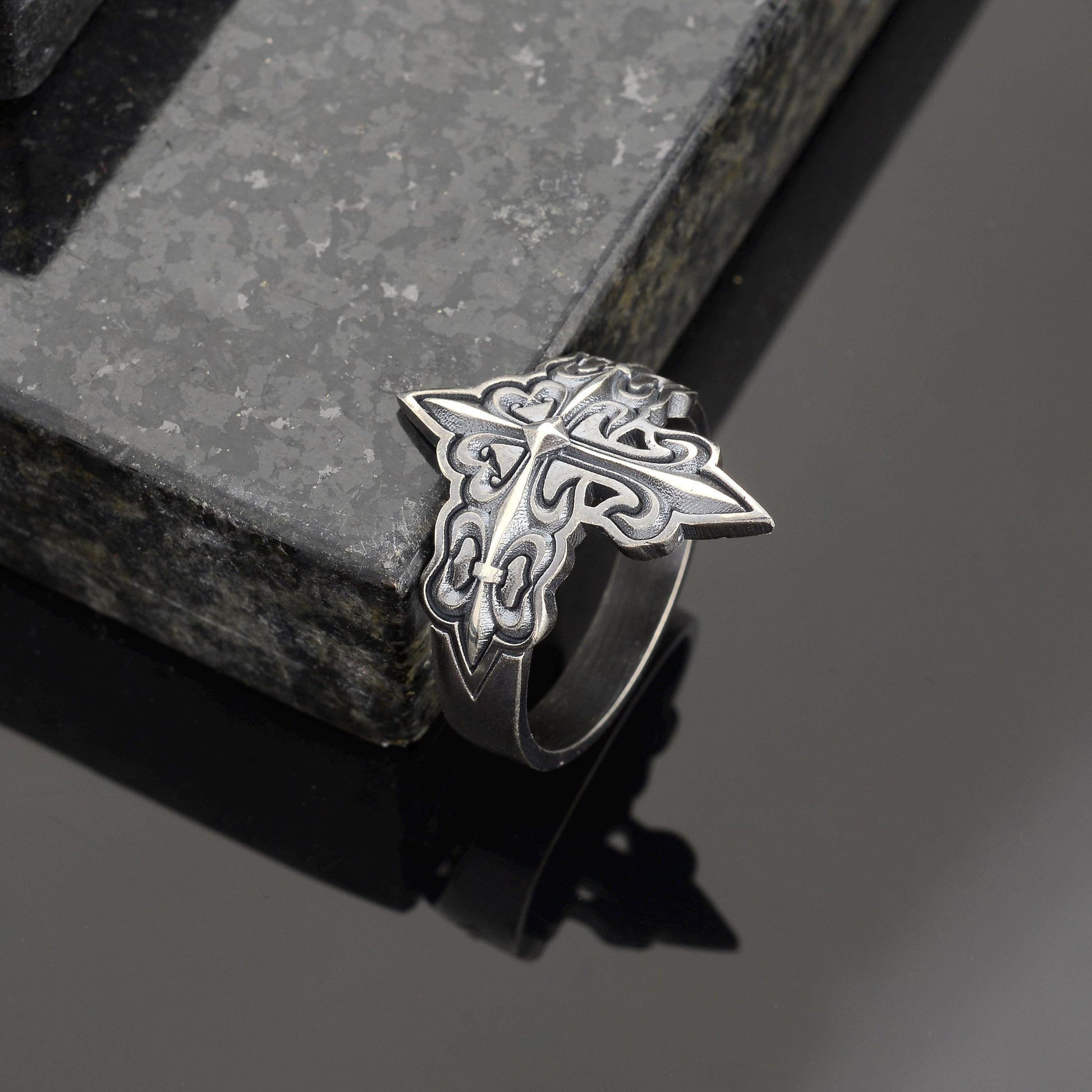 Silver Cross Signet Ring, Crusader Knight Design, Religious Jewelry