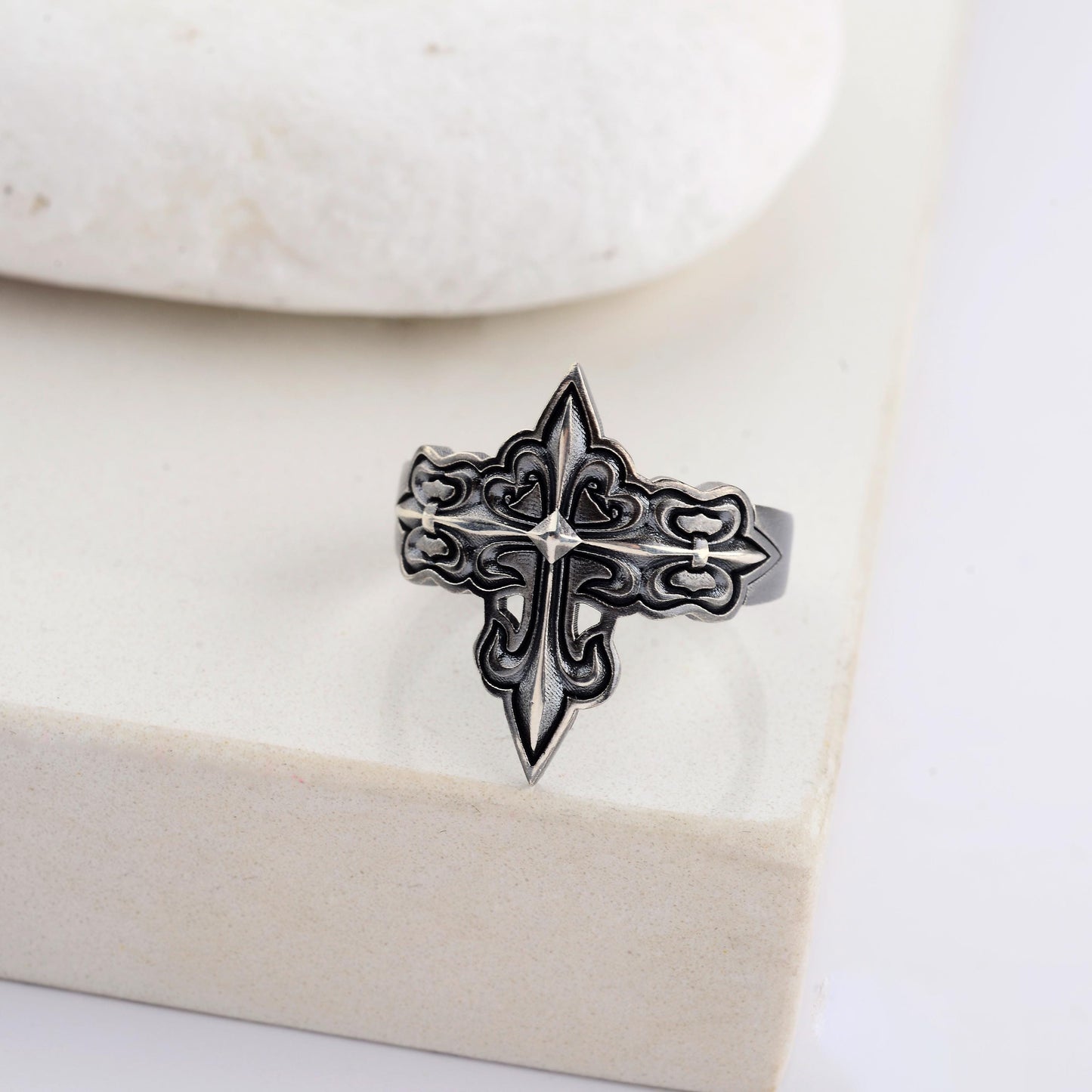 Silver Cross Signet Ring, Crusader Knight Design, Religious Jewelry