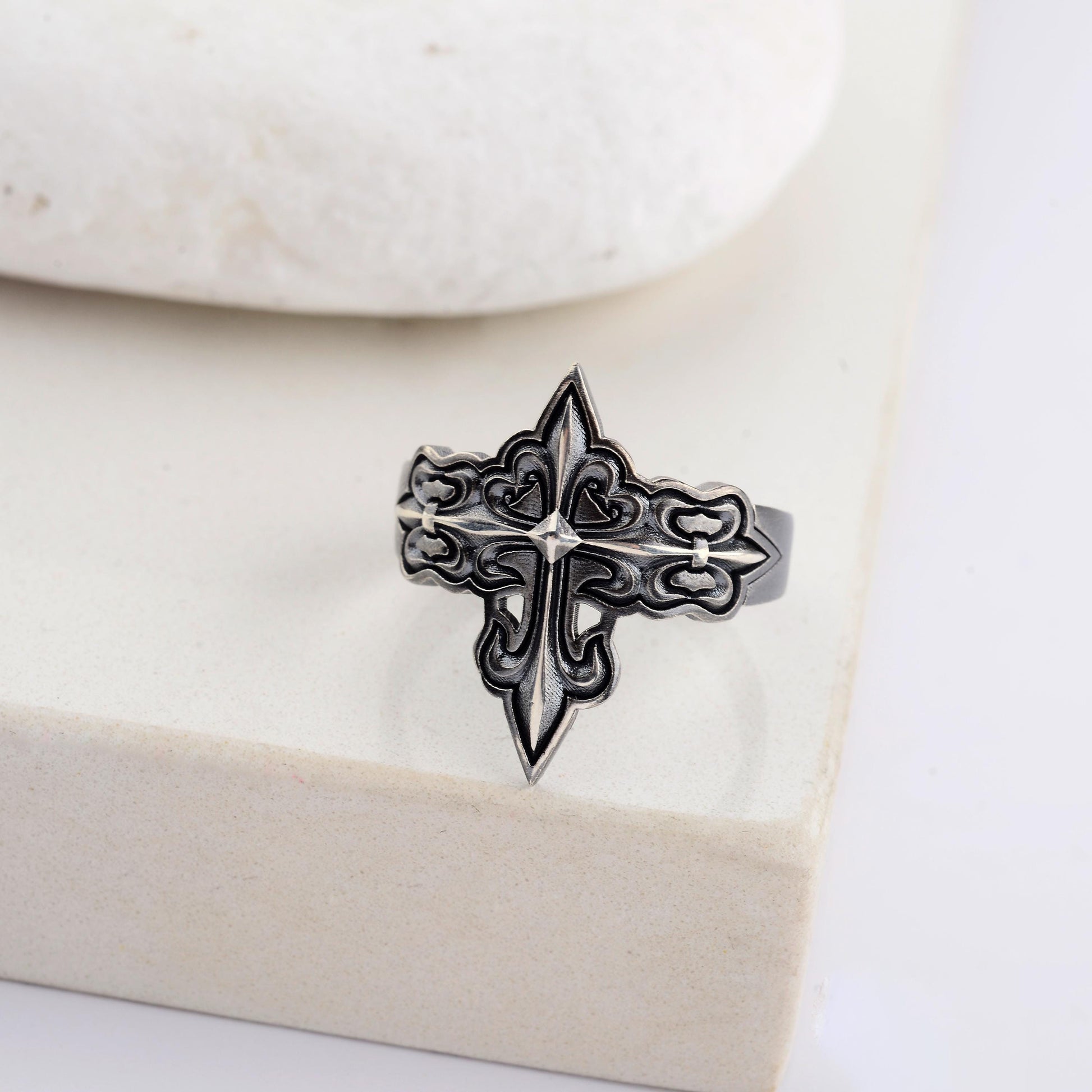 Silver Cross Signet Ring, Crusader Knight Design, Religious Jewelry