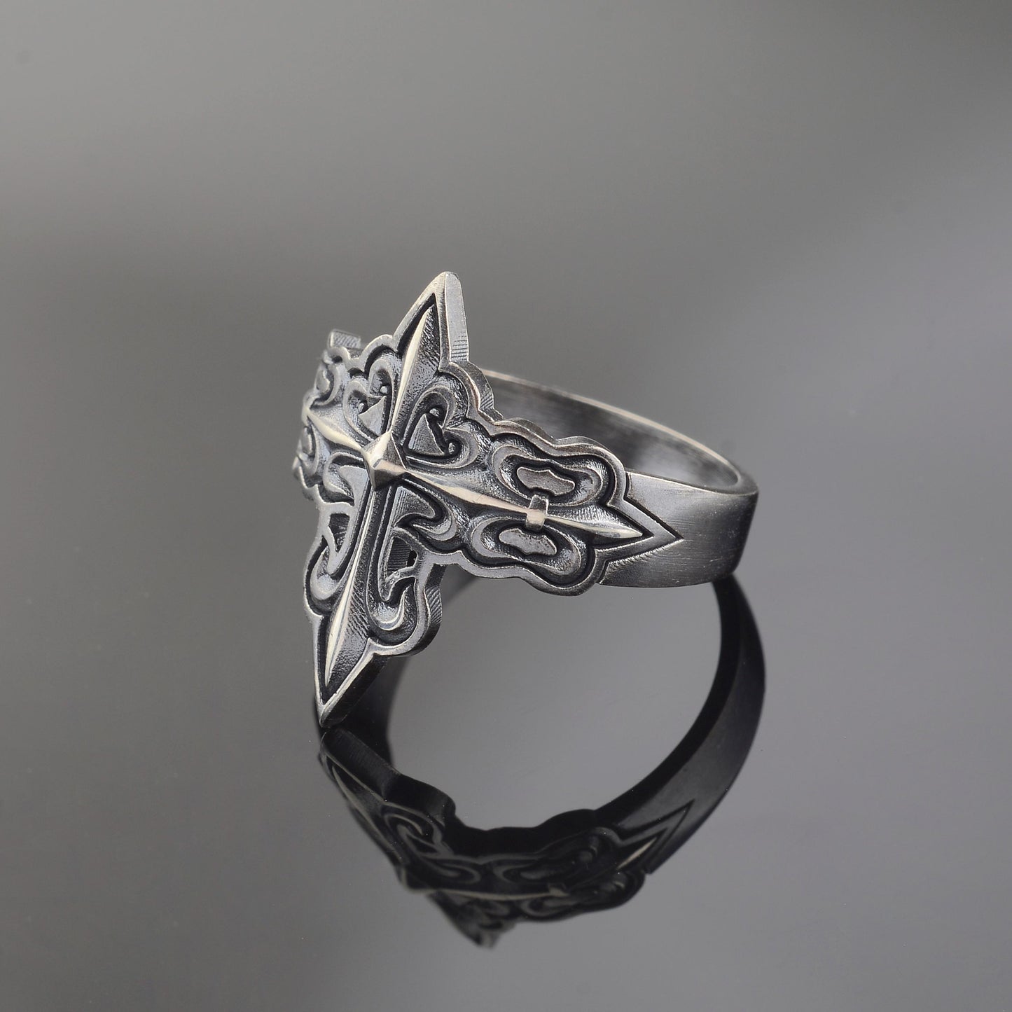 Silver Cross Signet Ring, Crusader Knight Design, Religious Jewelry