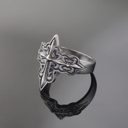 Silver Cross Signet Ring, Crusader Knight Design, Religious Jewelry