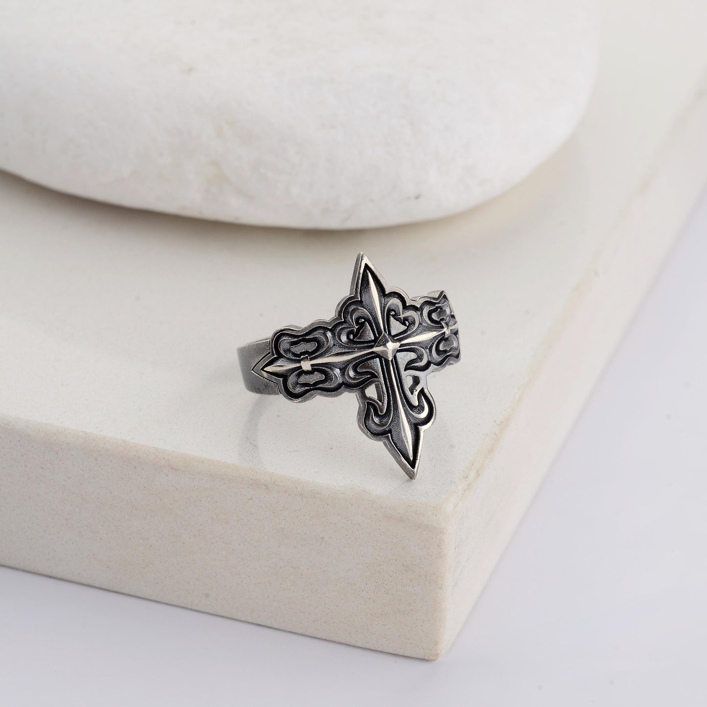 Silver Cross Signet Ring, Crusader Knight Design, Religious Jewelry