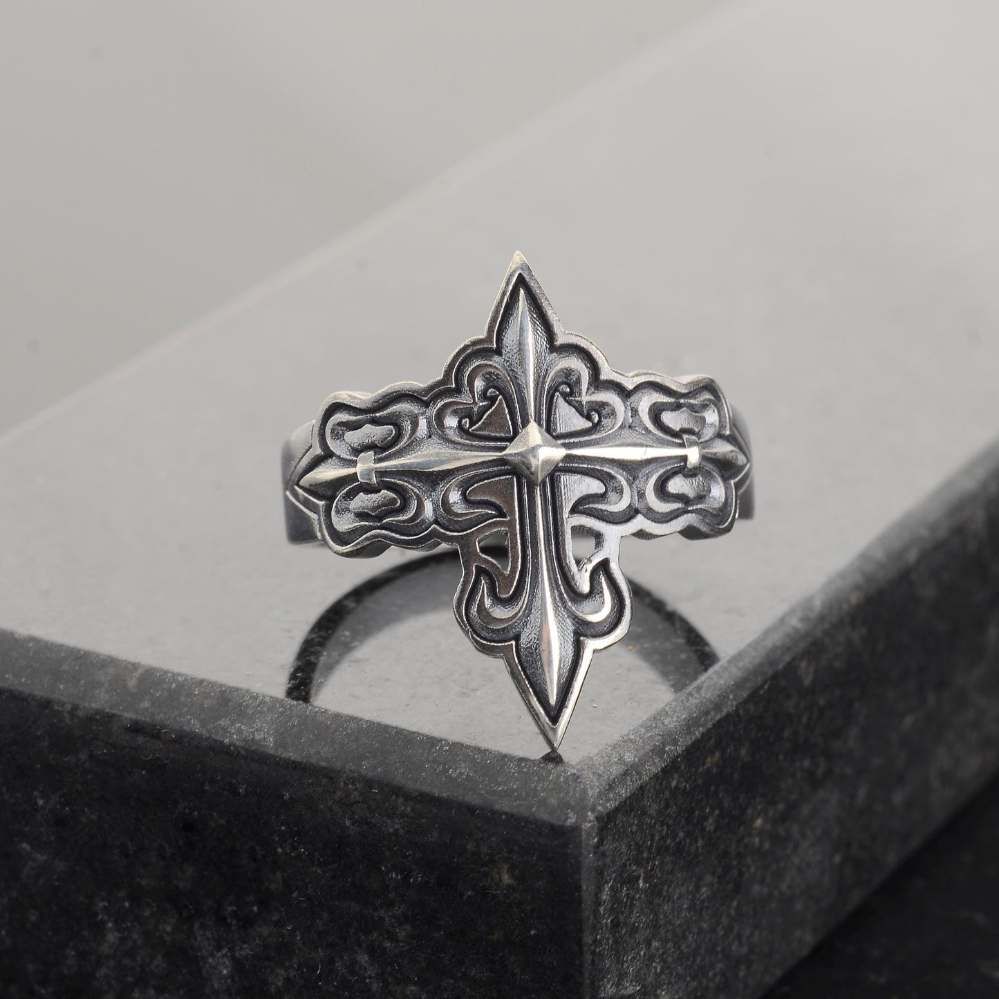 Silver Cross Signet Ring, Crusader Knight Design, Religious Jewelry