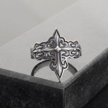 Silver Cross Signet Ring, Crusader Knight Design, Religious Jewelry