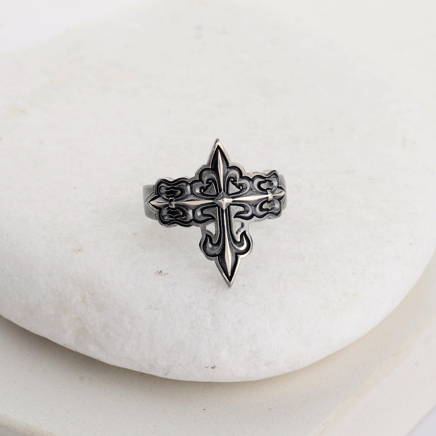 Silver Cross Signet Ring, Crusader Knight Design, Religious Jewelry