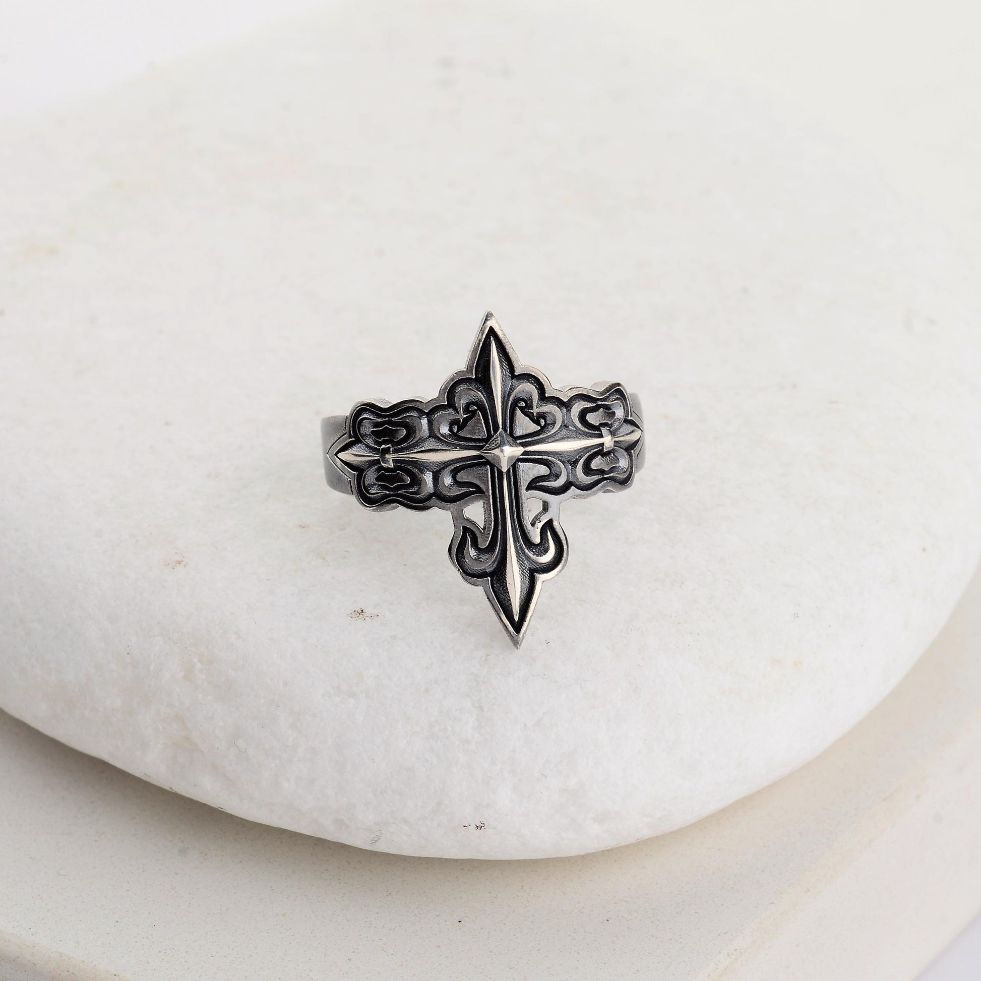 Silver Cross Signet Ring, Crusader Knight Design, Religious Jewelry